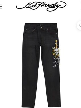 Ed Hardy Dagger Skull Slim Taper Black Jeans 36